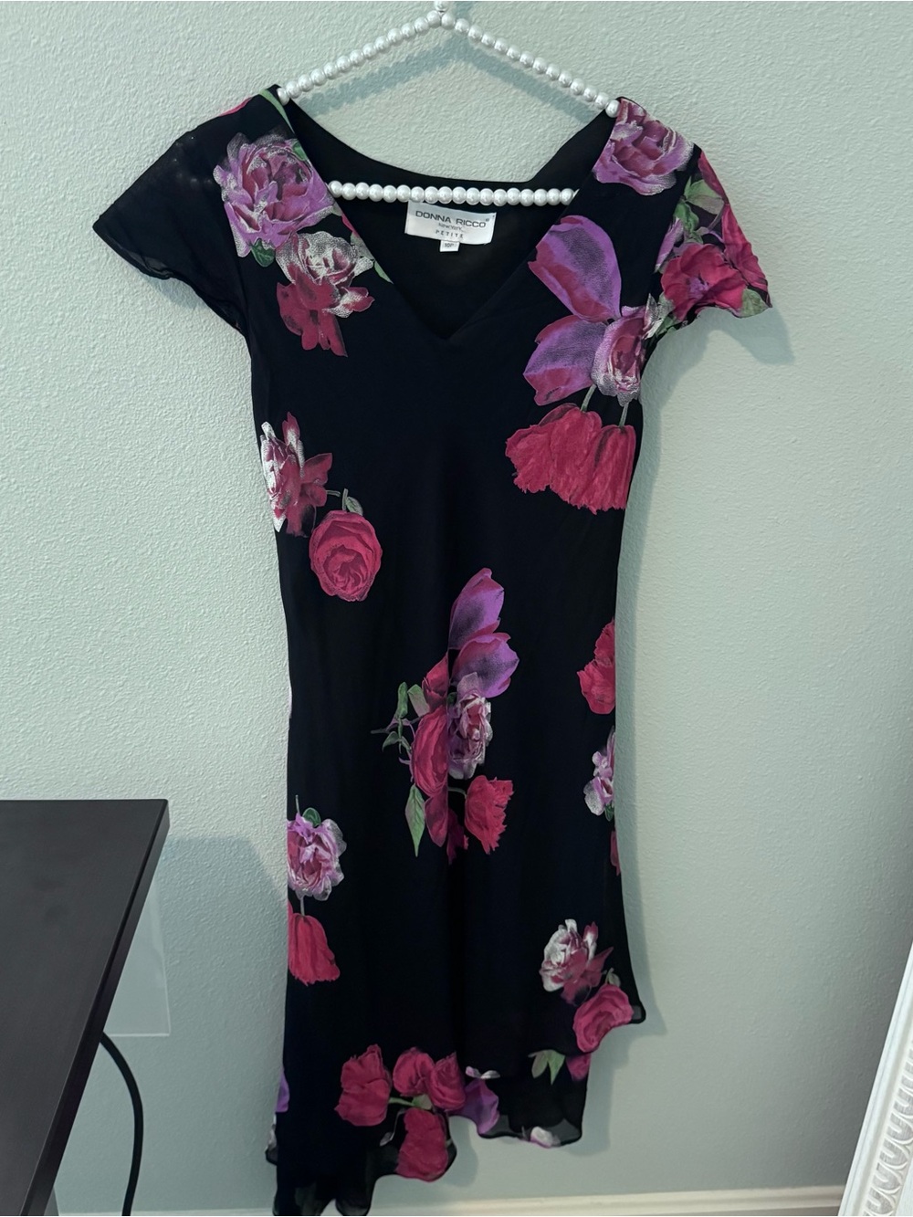 VINTAGE Donna Ricco Black Dress with Pink & Purple Floral Print